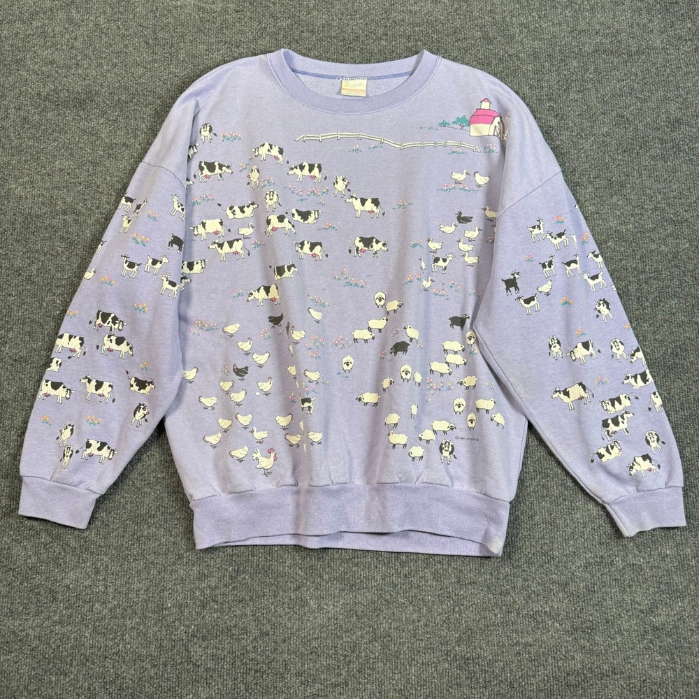 VTG 90s Lifestyles Farm Animal Puff AOP Print Sweatshirt Purple One Size USA Cow